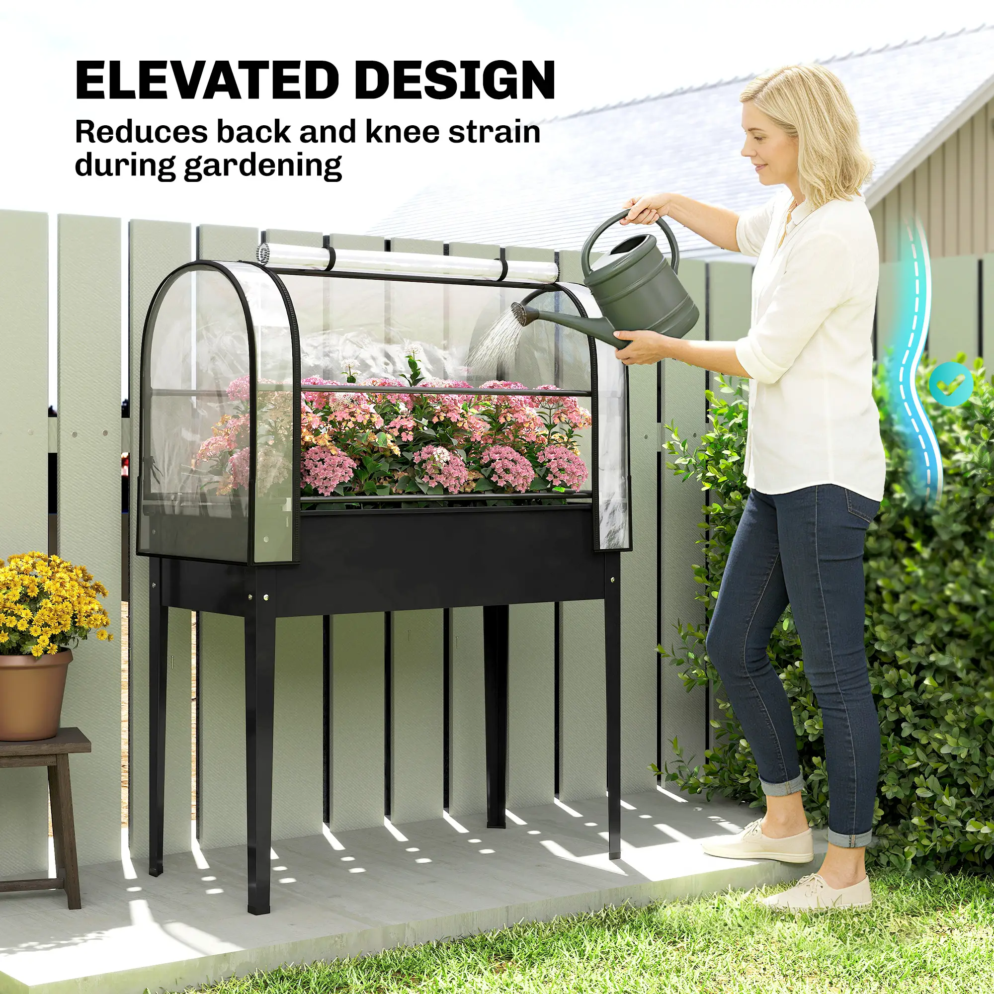 2-in-1 Raised Garden Bed with Mini Greenhouse Cover, Elevated Planter Box with Flip-Up Zippered Door, 0.6mm Rustproof Metal, Drainage Hole, 176lbs Capacity for Outdoor Plants