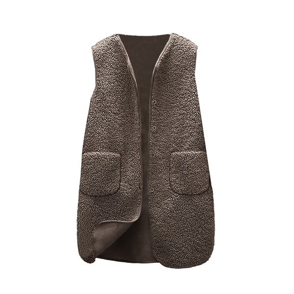 Yigetop Fleece Vest, Women's Solid Color Lambhair Round Tie Pocket Warm Loose Casual Long Vest Sherpa Vest Womens Brown 2XL
