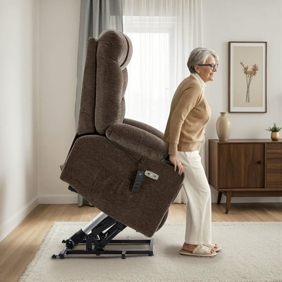 MCombo Large Power Lift Recliner Chair with Extended Footrest for 5'7"-6'2" Elderly People, Fabric, Brown