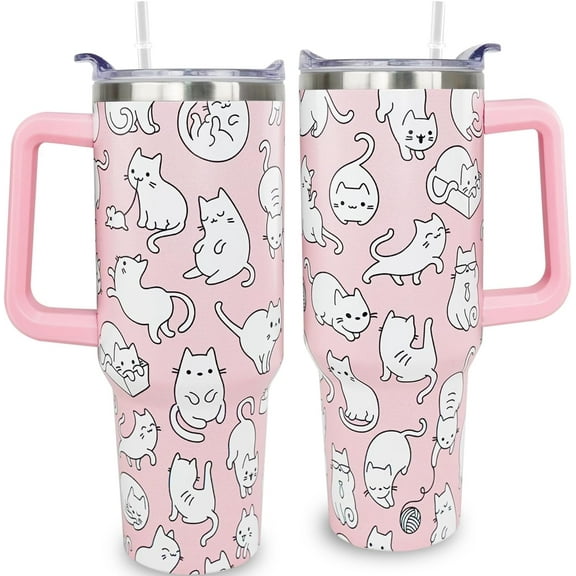 40oz Cat Tumbler With Handle,Cat Lover Gifts For Women,Mothers Day/Birthday Gifts For Cats Mom,Stainless Steel Insulated Coffee Cup With Lid and Straw