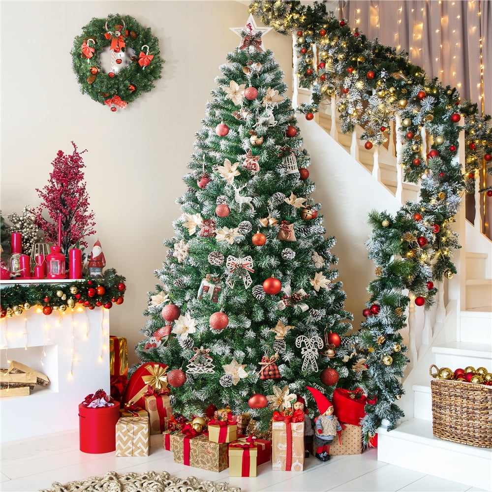 Alden Design 7.5ft Pre-lit Frosted Artificial Christmas Tree with Pinecones, Green