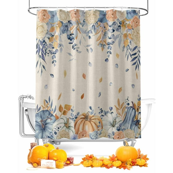 Orange Blue Fall Shower Curtain Set ，Waterproof Fabric Shower Curtains Thanksgiving Floral Botanical Rustic Shower Curtains for Bathroom,Bathroom Decor 36"x72"