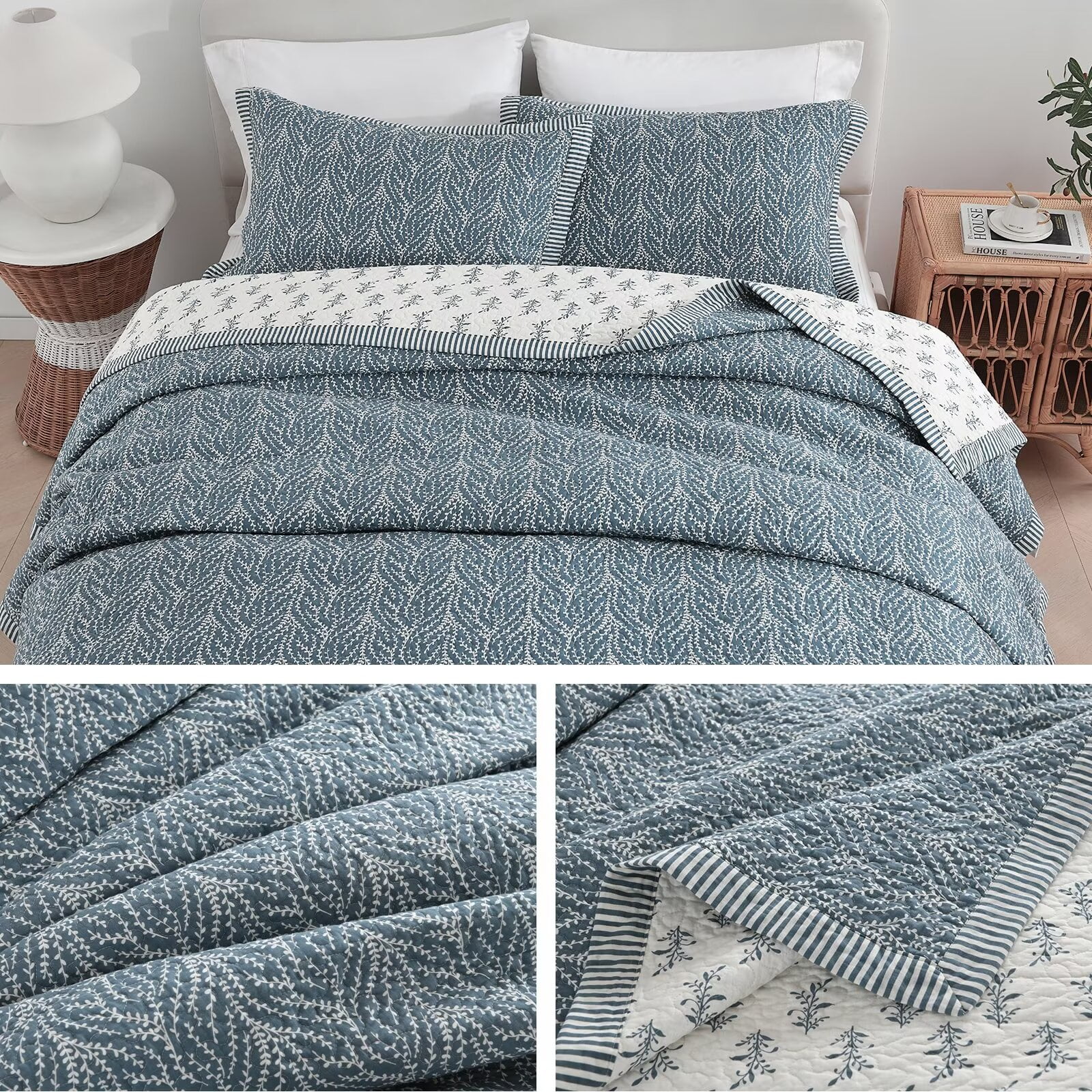 SahSahCasa Botanical Quilts Queen Size, 100% Cotton Queen Comforter Set for Bed, Reversible Lightweight Quilted Bedspread, Floral Quilt Bedding Set All Season, Grayish Blue/White, 3 Pieces