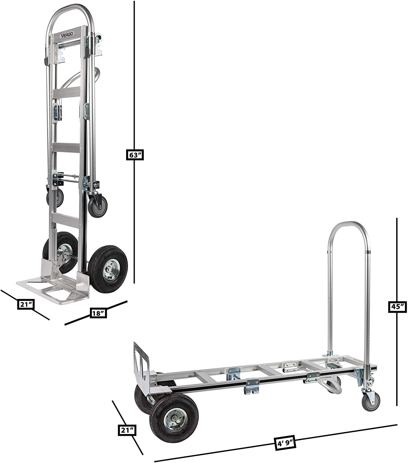 Vergo Industrial AS7B Aluminum Convertible Hand Truck Dolly Cart with Loop Handle 800 lbs Capacity (2 Positions, 63" High)