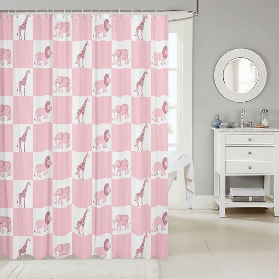 Pink Safari Animals Shower Curtain Checkered Pattern Cute Elephant And Giraffe Fabric Bathroom Decor for Kids Girls 71x71 inches