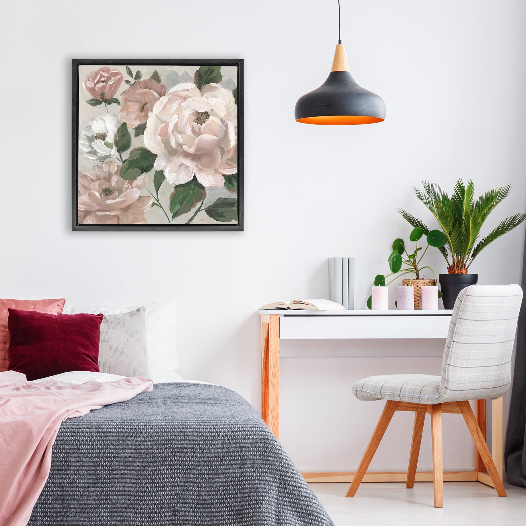 Stupell Industries Delicate Blush Peonies with Leaves Black Framed Floater Canvas Wall Art, design by Nan