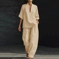 thumbnail image 2 of Miluxas Women's Summer Lightweight 2 Piece Outfits Loose Fit V Neck Short Sleeve Blouse and High Waist Wide Leg Pants Casual Set Khaki, 2 of 7