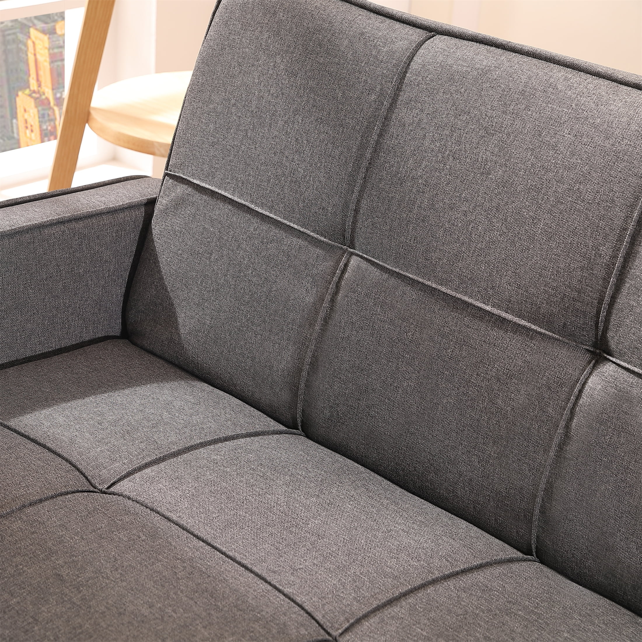 Aukfa 75" Square Arm Futon Sofa Bed Convertible Couch for Home Office, Wooden Legs, Linen, Gray