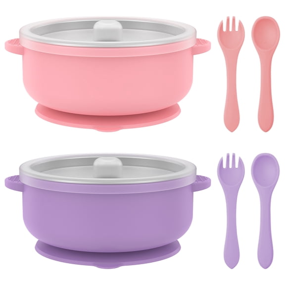 Stainless Steel Baby Bowl with Removable Nonslip Silicone Suction Shell Dishwasher Safe Toddler Bowl with Spoons and Forks for Baby Food Feeding