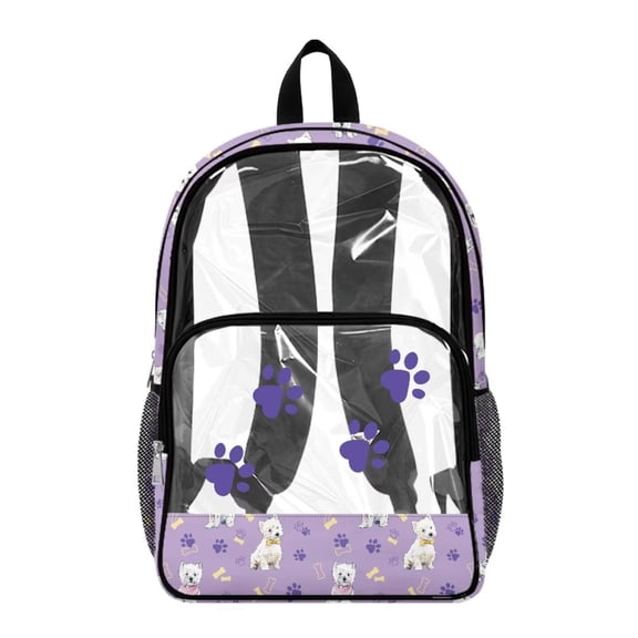 COEQINE Clear Backpack for School Bookbag PVC Polyester See Through Book Bag with Padded Shoulder Straps, Heavy Duty Work Bag Transparent Daypack, West Highland Terrier Paw Purple