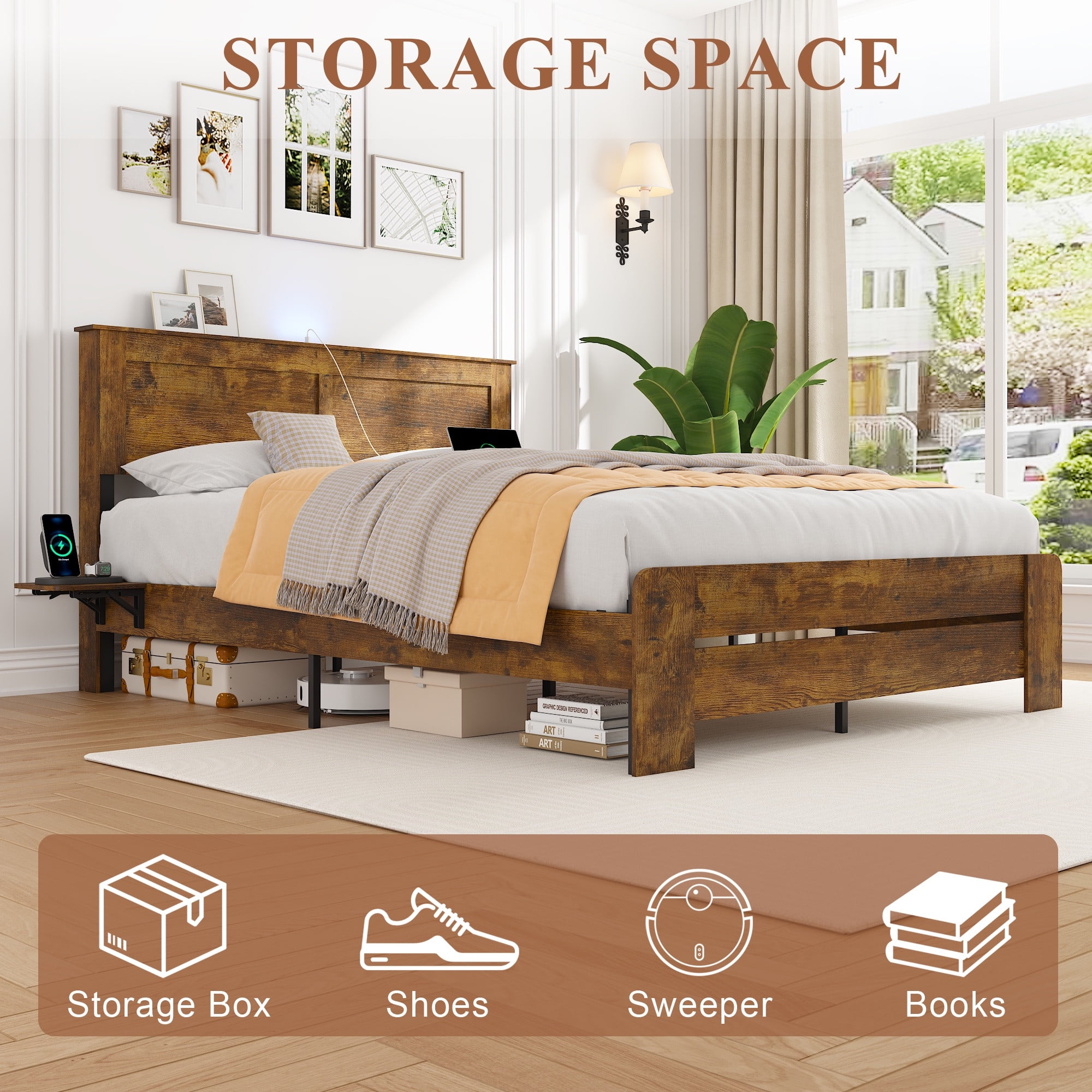 Wood Queen Bed Frame with Headboard for Bedroom, Holaki Rustic Farmhouse Platform Bed with USB Port & 2 Foldable Side Storage Racks, 12 Wood Slats Support, No Box Spring Needed, Easy Assembly