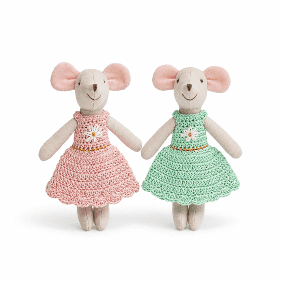 5.9in Handmade Crochet Mouse Plush Doll Set, Soft Stuffed Animal Toys in Pink and Green, Cute Nursery Decor and Kids Gift for Birthday and Holidays