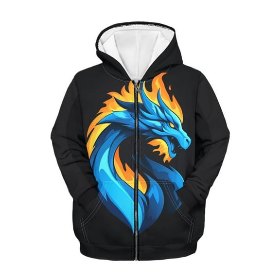 Chaqlin Blue Dragon Flame Boys Casual Zip Up Jacket Hooded Long Sleeve with Pockets Lightweight Sporty Top Kids Size 8-10
