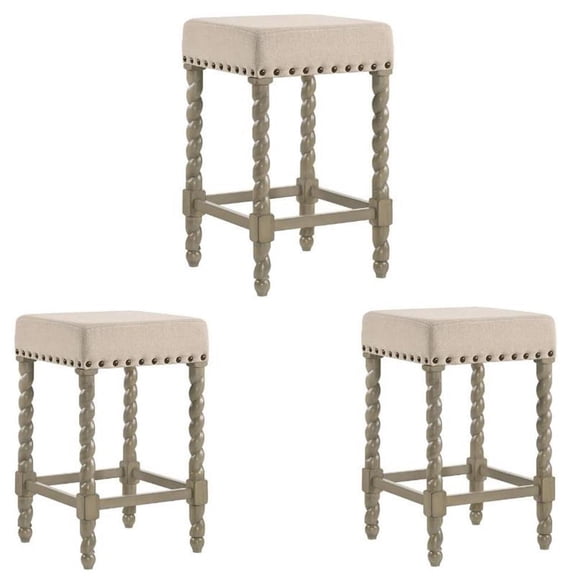 Home Square 3 Piece Linen Counter Stool Set with Wood Base in Weathered Gray
