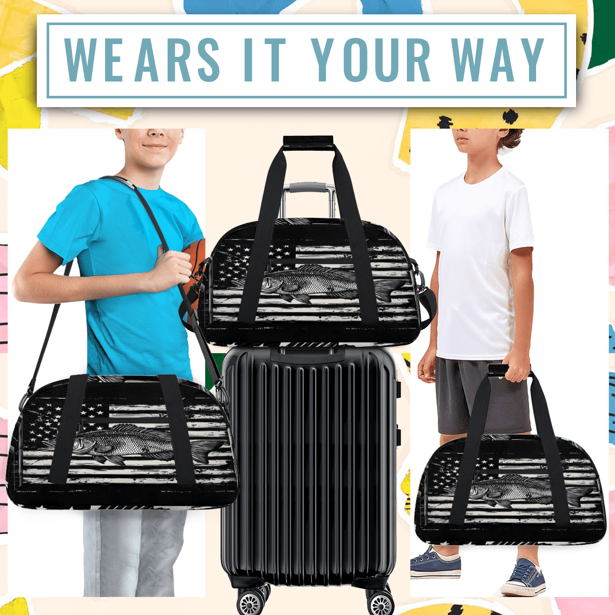 Herdesigns American Flag Sports Duffle Bags Travel Duffle Bag Gym Bag Bass Fish Weekender Travel Bag Waterproof Overnight Bag Carry On Travel Tote Bag Dance Bags