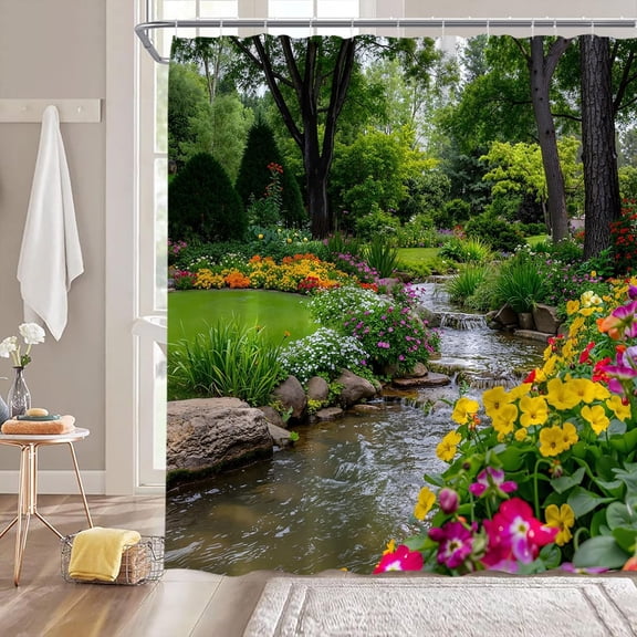 Garden Landscape Shower Curtain,Green Tree Forest Flower Lake Nature Scenery Bathroom Home Curtain Decor with Hooks 36"W x 72"L (Pack of 1)