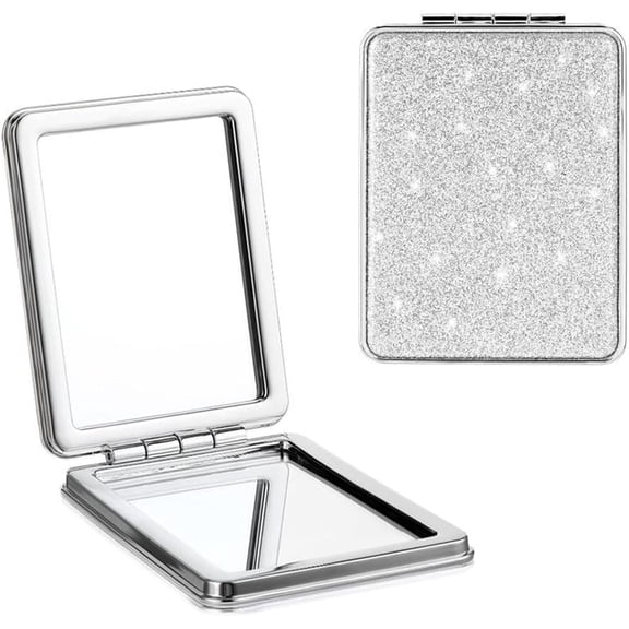 Cute Compact Makeup Mirror for Women, Portable Glitter Travel Make up Mirror, Small Pocket Mirror, 2 x 1x Magnification Folding Cosmetic Mirror for Gift