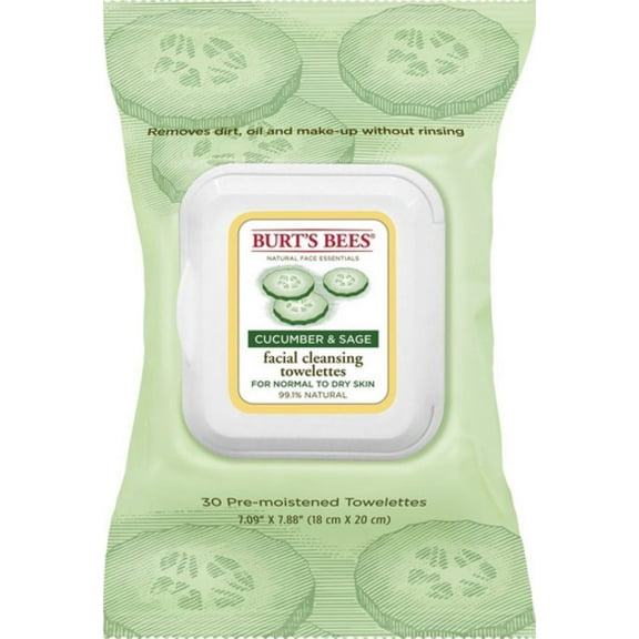 Burt's Bees Facial Cleansing Towelettes, Cucumber and Sage 30 ea (Pack of 3)