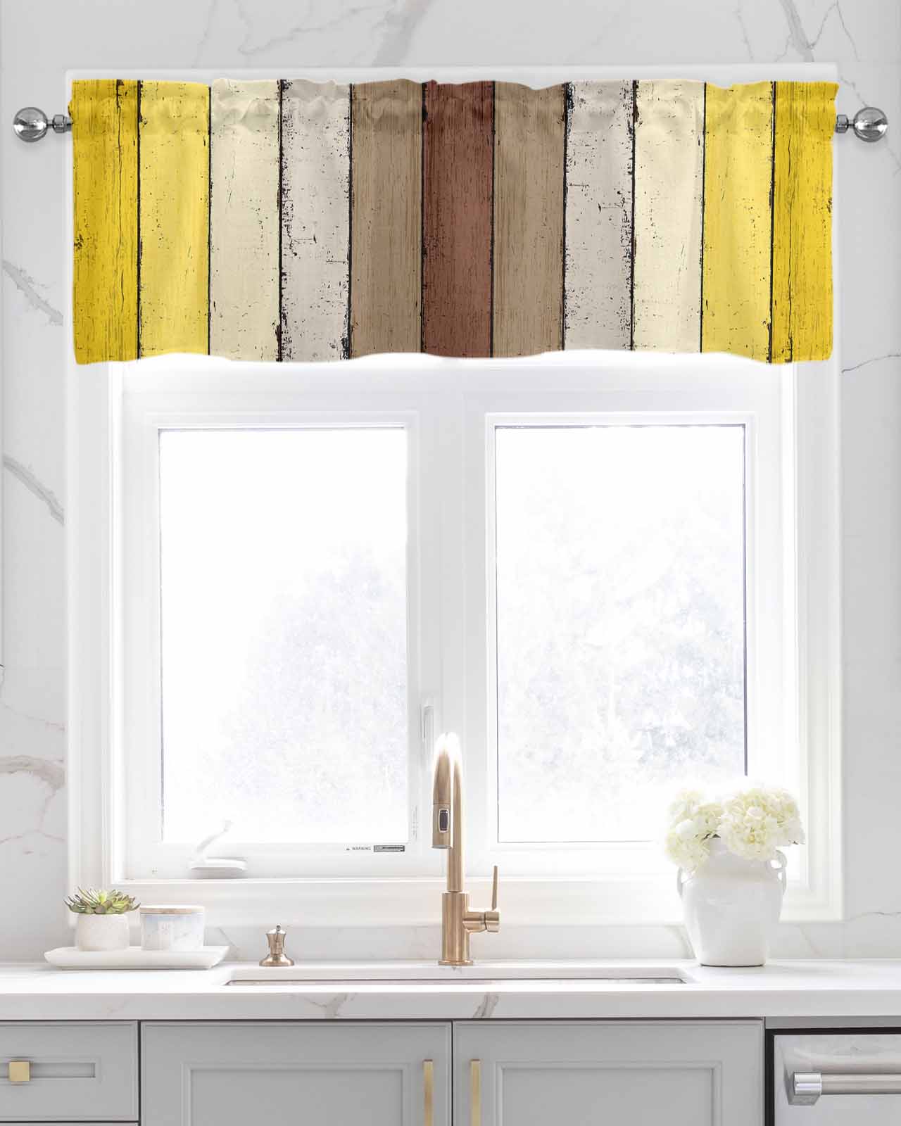 Yellow Brown Kitchen Valances for Windows Farmhouse Linen Window Valance Curtain for Living Room Window Treatment Farmhouse Wood Grain Vintage Striped Valance Rod Pocket Topper Drape, 60 x 18 Inch