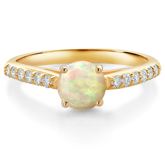 Gem Stone King 10K Yellow Gold White Ethiopian Opal and Lab Grown Diamond Engagement Ring for Women (0.74 Cttw, Gemstone, Round Cabochon 6MM, Size 9)