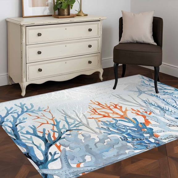 3'x5' Area Rugs, Coastal Coral Indoor Outdoor Area Rug for Living Room Bedroom, Blue Ocean Starfish Turtle Watercolor Washable Bathroom Rugs Kitchen Floor Carpet Mats Home Decor Aesthetic