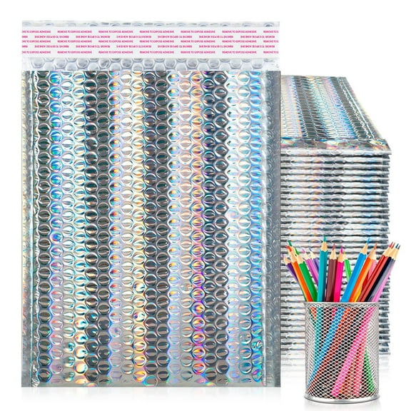 Holographic Metallic Bubble Mailers, Waterproof Self-Seal, 200 Count, 7.25 x 11 in