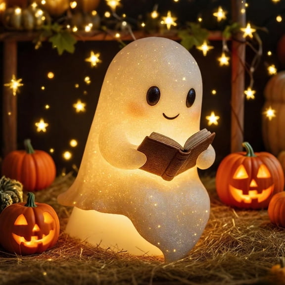 Cute Ghost Reading Book Lamp Halloween Gifts Light Up Ghost Statue Night Light Ghost Warm Lighted Indoor Figurine House Mantel Decor for Home Party Bedroom Shelf Table (6 inch)