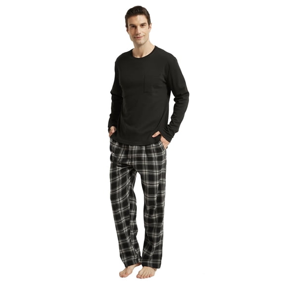 Amaxer Mens Cotton 2-Piece Flannel Pajama Sets - Crew Neck Knit Top Flannel Plaid Pants | Soft, Breathable Sleepwear for Men