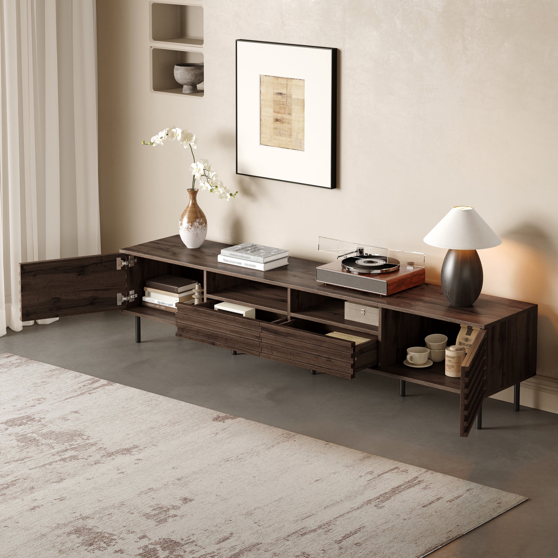 Noble House TV Stand for TVs up to 85 Inch with Slatted Doors, Cable Management, Walnut