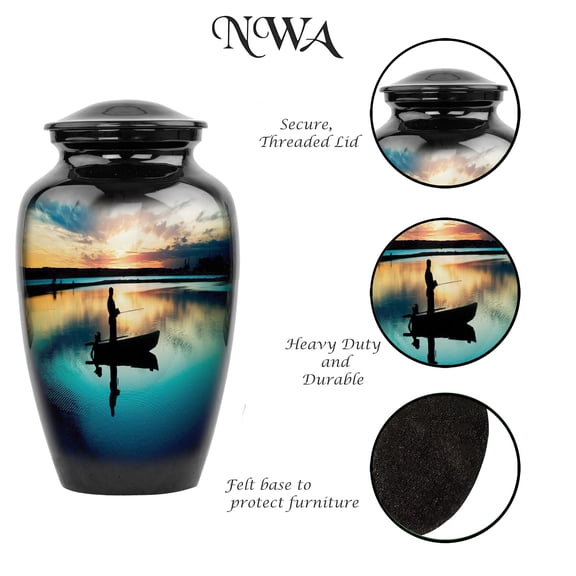 Gone Fishing in Heaven Cremation Urns for Adult Ashes Male - Burial Urns for Human Ashes - Decorative Urns-Decorative Men Urn Fishing | Urns for Dad, Men, Human Ashes | Large Urn with Velvet Bag
