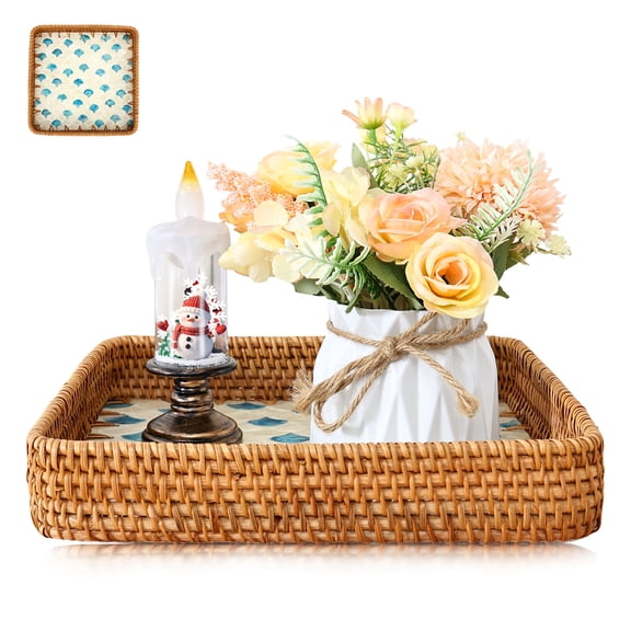 Grusce Square Keys Tray, 10.43 x 10.43 inch Woven Decorative Tray with Shell Inlay Woven Coffee Table Centerpiece Decor Bathroom Storage Holder for Living Room Dining Room Vanity