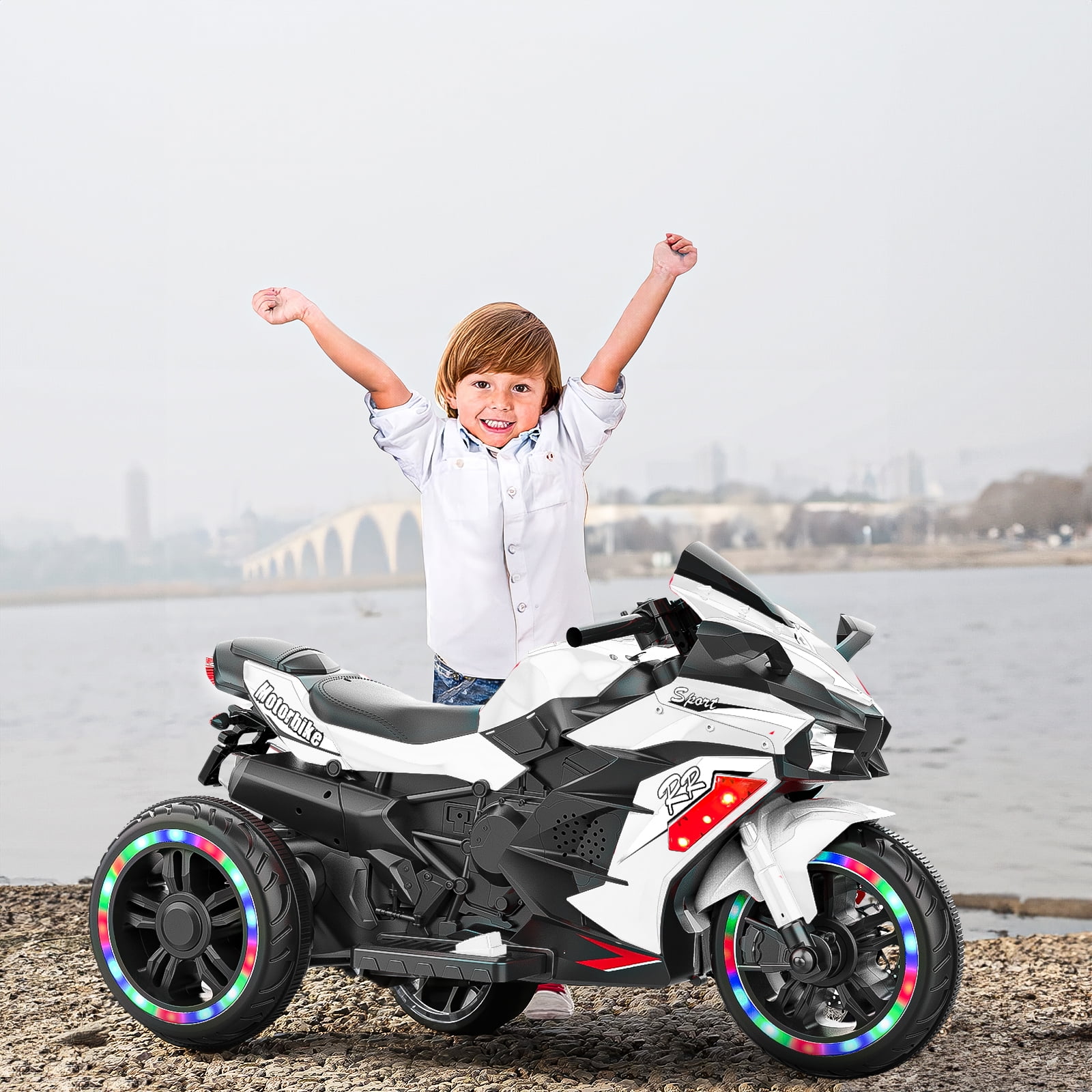 Techvida 12V Kids Electric Motorcycle, Battery Powered Kids Motor Bike 3 Wheels Kids Electric Car for Kids with LED Headlights, White