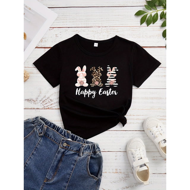 Girls' Happy Easter Bunny Graphic Tee - Soft Cotton, Crew Neck Short Sleeve Casual Top for Summer Outdoor Fun