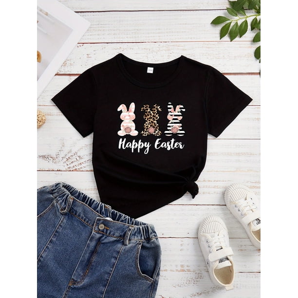 Girls' Happy Easter Bunny Graphic Tee - Soft Cotton, Crew Neck Short Sleeve Casual Top for Summer Outdoor Fun