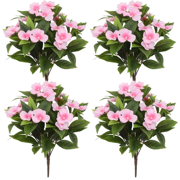 4 Pcs Pink Faux Flowers, Sunproof Artificial Floral Arrangements, Weatherproof Outdoor Indoor Garden Patio Home Office Decor, Easy Care Realistic Silk Plants, Fake Blooms