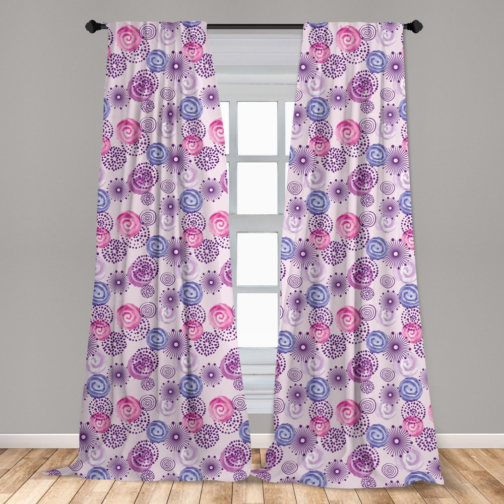 Purple Curtains 2 Panels Set Watercolor Style Floral Fireworks