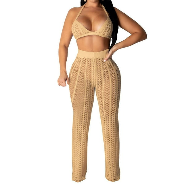 Traje De Punto Ahuecado para Mujer, Sujetador Triangular con Cuello Halter, Pantalones Largos, Conjunto De Malla Informal Elegante Y Picante para Festival De Música, Vacaciones, Marrón S