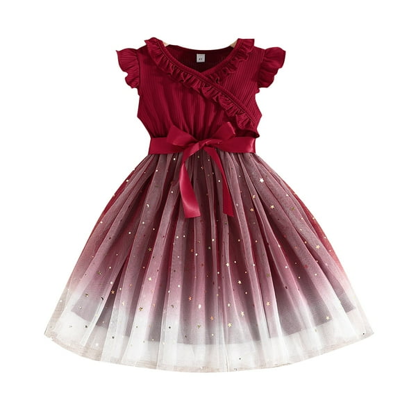 Toddler Girls Dress Ruffled Fly Sleeves Tulle Ceremonial Dress With Bow Summer Kid Girl Princess Birthday Party Dresses,2 -3 Years