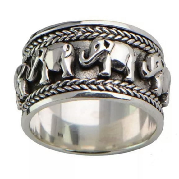 GKNET Antique Silver Plated Elephants Band Rings for Women Daily Wear Birthday Gift -Size 6