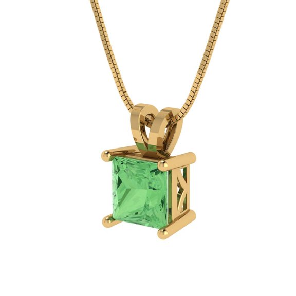 1 ct Brilliant Princess Cut Solitaire Green Diamond 14k Yellow Solid Gold Everyday Affordable Designer Necklace Pendant with 16" Chain
