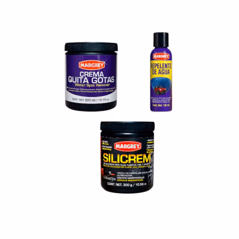 thumbnail image 1 of Combo Cuidado de Cristales y Plásticos | Crema Quita Gotas 300 ml + Silicrem Pulimento 300 g + Repelente de Agua 130 ml, 1 of 1
