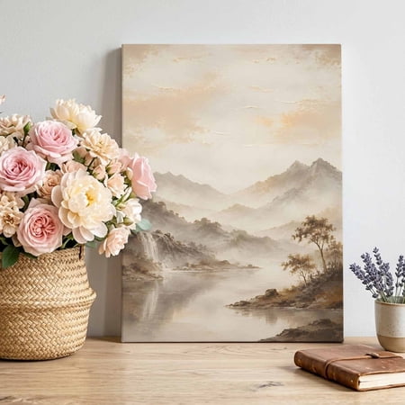 Mountain Landscape Canvas Wall Art Zen Mist Mountains Charcoal Ink Wash Texture Pictures Wall Decor Wooden Framed Artwork Art Prints for Living Room Hallway Bedroom Office 12 x16