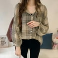 thumbnail image 2 of Monfince Women Plaid Shirts Long Sleeve Button Down Striped Turn Down Collar Loose Blouse Femme Lantern Sleeve Blouse 1Pcs, 2 of 5