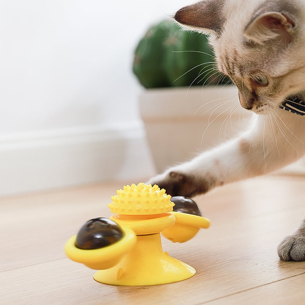 Kepooman Cat Turntable Teasing Interactive Toy with Suction Cup for Indoor, Yellow