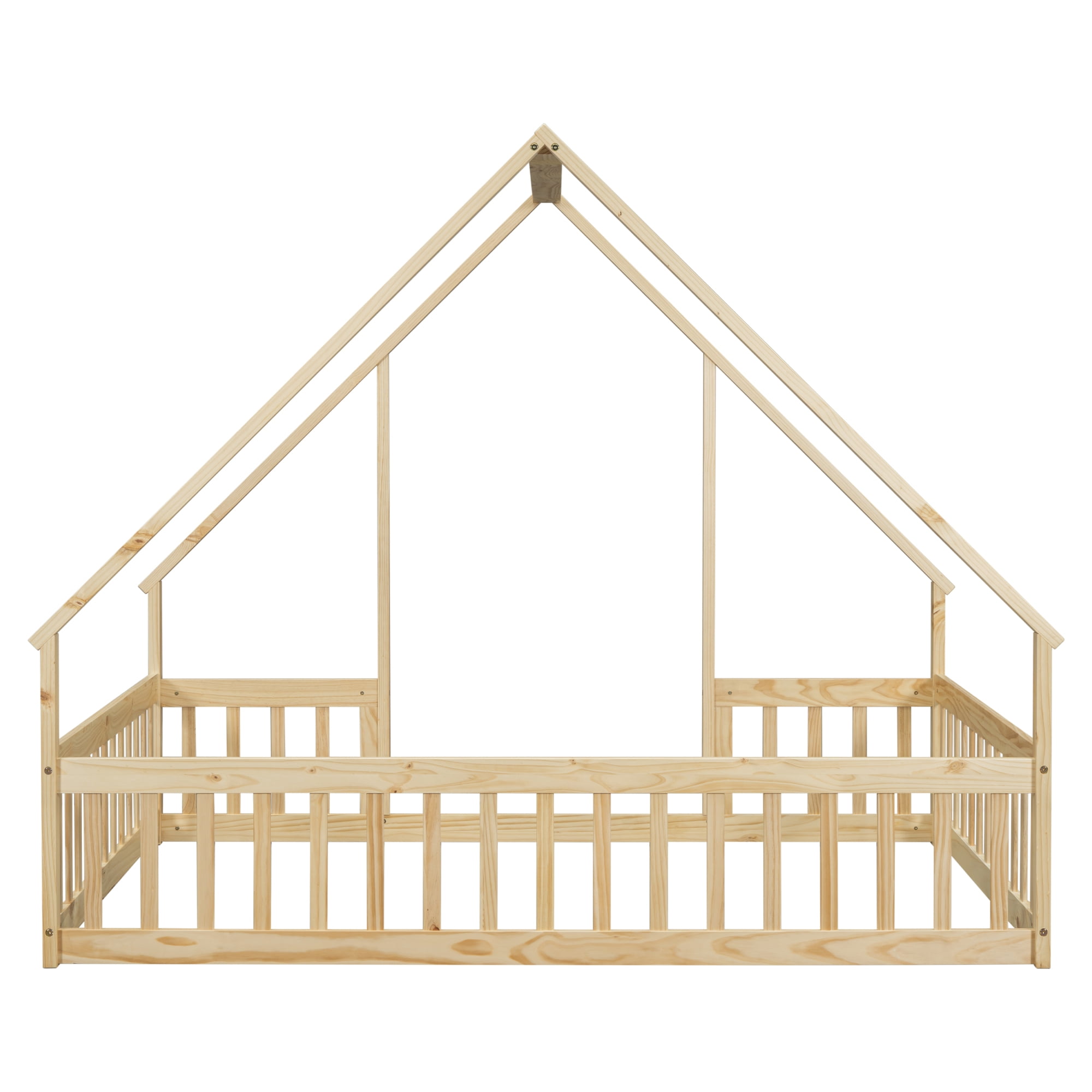 Leumius Full Wood House-Shaped Floor Bed with Fence, Guardrails for Boys Girls Natural