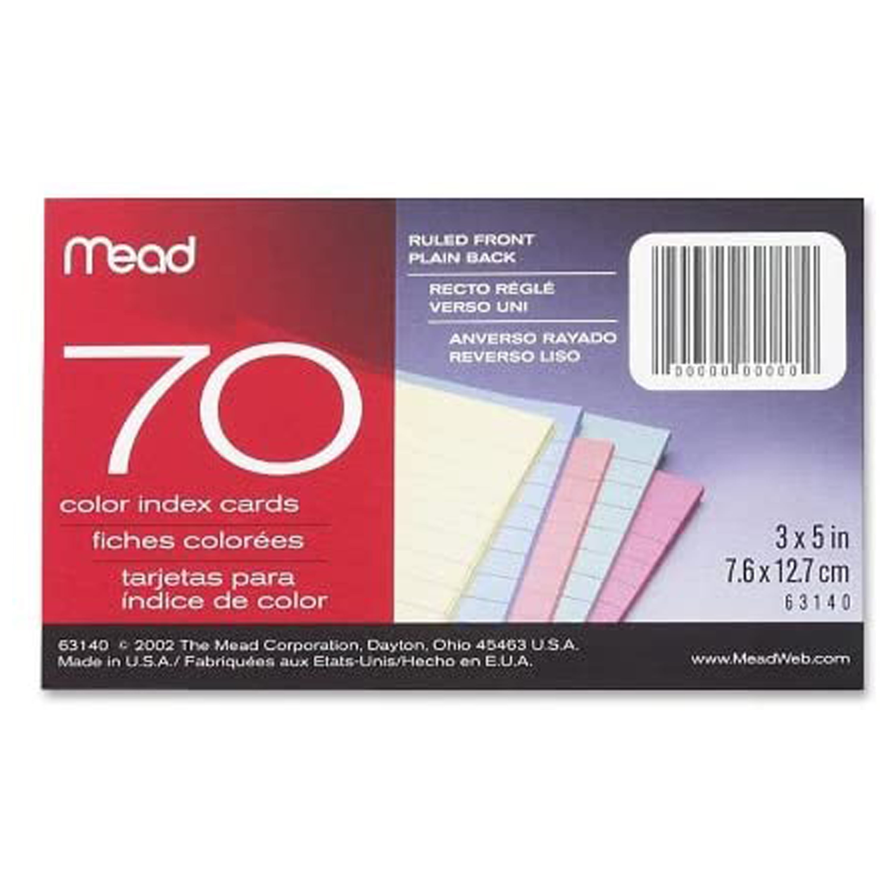 Mead Ruled Colored Index Cards, 3" x 5", Assorted, 70 Count (63140