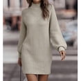 thumbnail image 3 of Bodycon Sweater Dress, Pure Color Casual Ribbed Long Sleeve Bodycon Stand Collar Lantern Sleeves Fashion  For Women For Party ANGGREK Albaricoque XL, 3 of 6