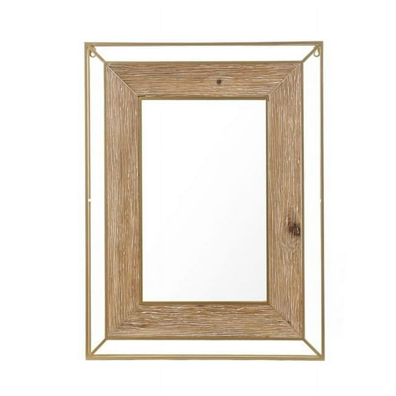 LuxenHome Rustic Wood with Gold Metal Open Frame 31.89" H x 24.02" Rectangular Wall Mirror, Accent and Vanity