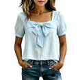 thumbnail image 2 of Women's Square Neck Bow Blouse - Puff Sleeve Casual Top with Tie Front Detail, Lightweight Summer Shirt for Date & Daily Wear Sky Blue S, 2 of 6