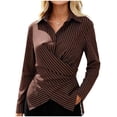 thumbnail image 2 of ClodeEU Women Collared Long Sleeve Wrap Cross Waist Slim Blouse,Casual Office Blouse Coffee,Women's Plus XL, 2 of 8